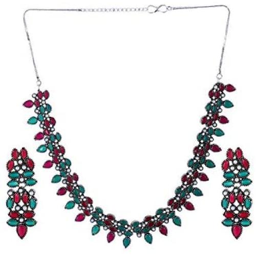Efulgenz Boho Vintage Antique Ethnic Gypsy Indian Oxidized Silver Crystal Cubic Zirconia Bridal Necklace Earrings Jewelry Set