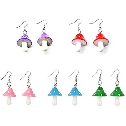 ZRosse 5 Pairs Cute Sweet Fresh Handmade Plastic Simulation Mushroom Dangle Drop Earrings Multicolor Creative Fashion Jewelry for Women and Girl