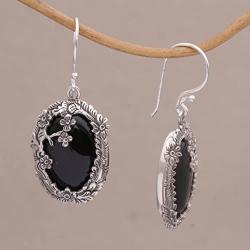 NOVICA Black Onyx .925 Sterling Silver Floral Dangle Earrings Dreamy Forest