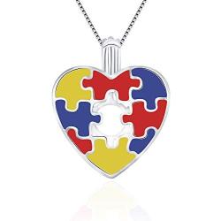LGSY Sterling Silver Colorful Autism Puzzle HeartPearl Cage Pendants for Women, Essential Oil Diffuser Lockets for Pearl Jewelry