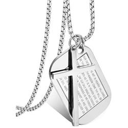 Jstyle Stainless Steel Dog Tags Cross Necklaces for Men Prayer Cross Necklace Military Rolo Chain 3mm 24 Inch Silver Bible Prayer