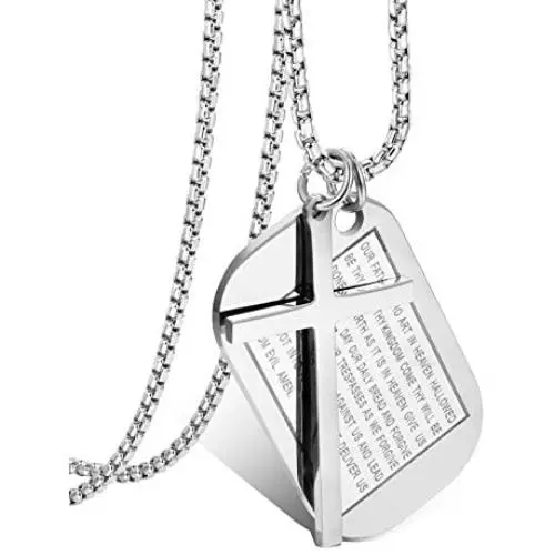 Jstyle Stainless Steel Dog Tags Cross Necklaces for Men Prayer Cross Necklace Military Rolo Chain 3mm 24 Inch Silver Bible Prayer