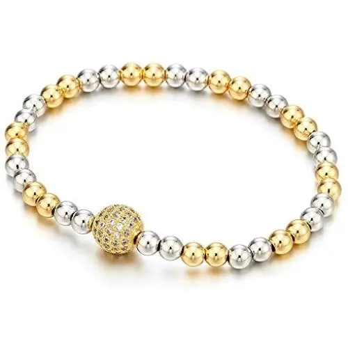 Beautiful Gold Silver Two-Tone Beads Bracelet for Women with Cubic Zirconia Ball