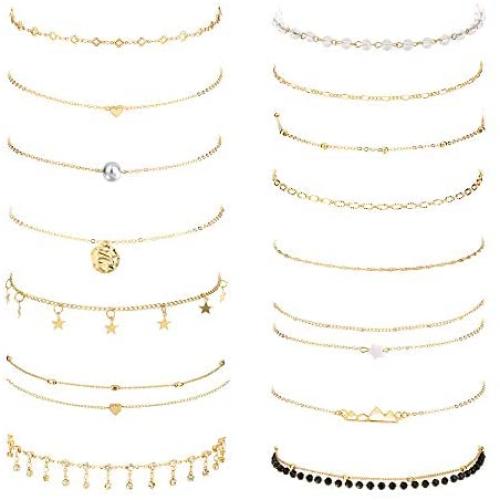 Hanpabum 15 Pcs Layered Choker Necklace for Women Sexy Heart Pear Star Pendant Sliver Gold Chain Choker Jewelry Set Adjustable