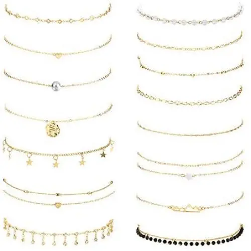 Hanpabum 15 Pcs Layered Choker Necklace for Women Sexy Heart Pear Star Pendant Sliver Gold Chain Choker Jewelry Set Adjustable