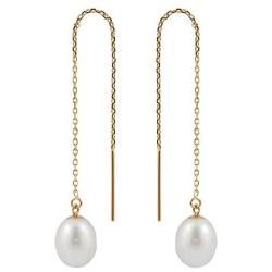 Splendid Pearls 14K Yellow Gold Threader Drop Pearl Earrings 7.5-8mm AA Quality Genuine Freshwater Cultured