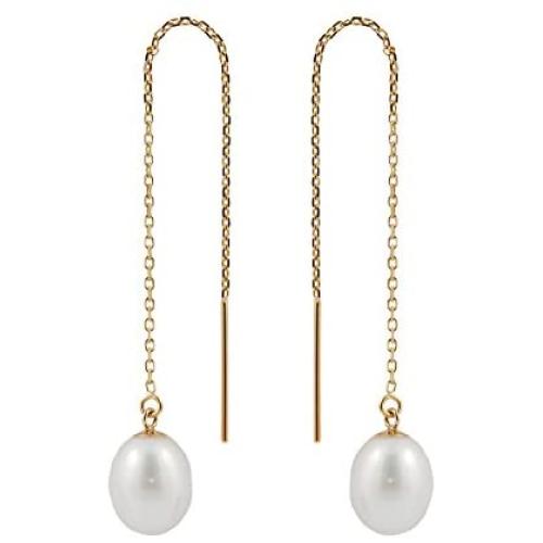 Splendid Pearls 14K Yellow Gold Threader Drop Pearl Earrings 7.5-8mm AA Quality Genuine Freshwater Cultured