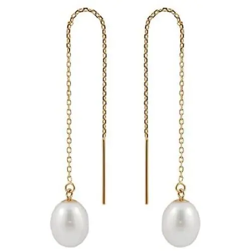 Splendid Pearls 14K Yellow Gold Threader Drop Pearl Earrings 7.5-8mm AA Quality Genuine Freshwater Cultured