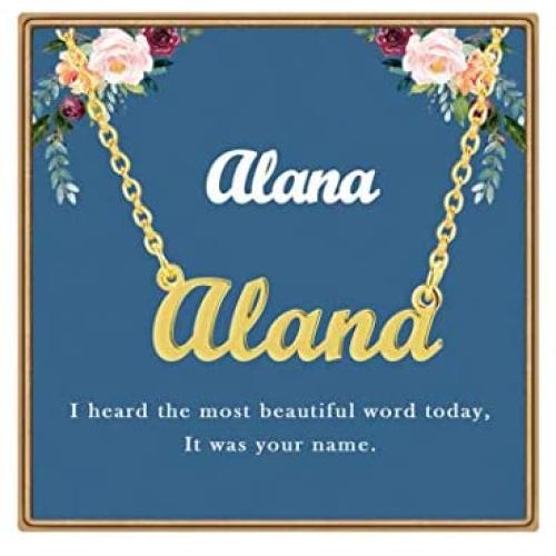 Ldurian Pre-Made Personalized Name Necklace, Custom 18K Gold Plated Nameplate, Jewelry Gift for Women and Girls（with Personalized Gift Card）(Alana)