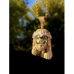 Shop-iGold Custom Face of Christ Men Women 925 Italy Gold Finish Iced Silver Charm Pendant Stainless Steel Real 3 mm Rope Chain, Mans Jewelry, Iced Pendant, Rope Necklace 16''- 24''