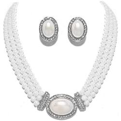 Christina Collection Elegant Multi Layered Strands Cream or White Pearl Crystal Necklace Clip on Earrings Set Gift Bijoux