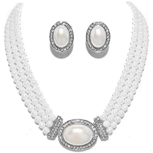 Christina Collection Elegant Multi Layered Strands Cream or White Pearl Crystal Necklace Clip on Earrings Set Gift Bijoux Christina Collection Elegant Multi Layered Strands Cream or White Pearl Crystal Necklace Clip on Earrings Set Gift Bijoux