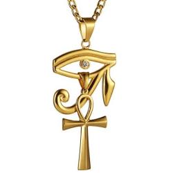 HZMAN Gold Stainless Steel Eye of Horus Egypt And Coptic Ankh Cross Religious Pendant Necklace 24'' Figaro Chain