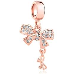 Sexymandala Womens Sparkling Bow Knot Charm Rose Gold Clear Cz Beads for Pandora Bracelets