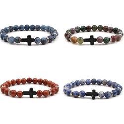 Fuqimanman2020 8 Pcs Cross Beads Bracelet Set 8mm Lava Rock Tiger Eye Stone Bracelets Turquoise Natural Stone Stretch Elastic Healing Bracelets for Women Girls Jewelry