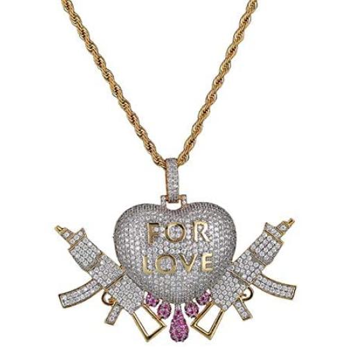 MOCA Jewelry Hip Hop Iced Out Love Heart Pendant Couple 18K Gold Plated Necklace, Gift Idea for Lover Men Women