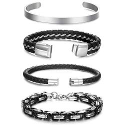 Thunaraz 4Pcs Stainless Steel Cuff Braided Leather Bracelets for Men Women Masculine Style Braided Link Wrist Band Cuff Bangle Bracelets,Mens Bracelet Jewelry Set