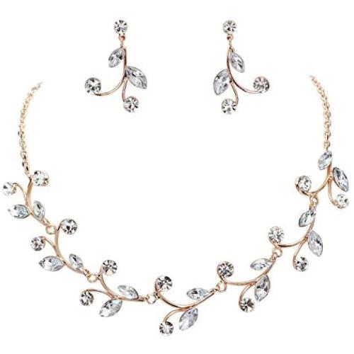 Faship Gorgeous Rhinestone Crystal Floral Necklace Earrings Set