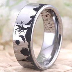 Cloud Dancer 8MM Width Silver Pipe Howling Wolf Wolves Landscape Scene Tungsten Ring Flat Polished Finish-Free Engraving Inside Sizes 4 to 17