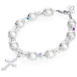 Delicate Sterling Silver Cross Charm Newborn Baby Bracelet - with Pink Swarovski Simulated Pearls, Crystals and Silver Spacer Beads - Best Baptism and Christening Gift for Girls and Boys (BBCCR)
