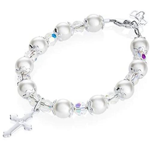 Delicate Sterling Silver Cross Charm Newborn Baby Bracelet - with Pink Swarovski Simulated Pearls, Crystals and Silver Spacer Beads - Best Baptism and Christening Gift for Girls and Boys (BBCCR)