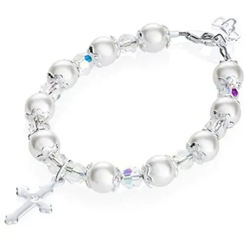 Delicate Sterling Silver Cross Charm Newborn Baby Bracelet - with Pink Swarovski Simulated Pearls, Crystals and Silver Spacer Beads - Best Baptism and Christening Gift for Girls and Boys (BBCCR)