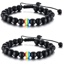 Nanafast 8mm Beaded 2Pcs Couple Rainbow LGBTQ Pride Bracelets for Gay & Lesbian White Turquoise/Lava Rock/Matte Agate LGBT Pride Braided Bracelet Jewelry Gift Adjustable
