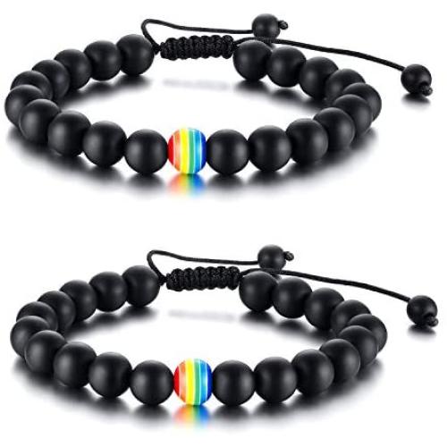 Nanafast 8mm Beaded 2Pcs Couple Rainbow LGBTQ Pride Bracelets for Gay & Lesbian White Turquoise/Lava Rock/Matte Agate LGBT Pride Braided Bracelet Jewelry Gift Adjustable