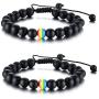 Nanafast 8mm Beaded 2Pcs Couple Rainbow LGBTQ Pride Bracelets for Gay & Lesbian White Turquoise/Lava Rock/Matte Agate LGBT Pride Braided Bracelet Jewelry Gift Adjustable