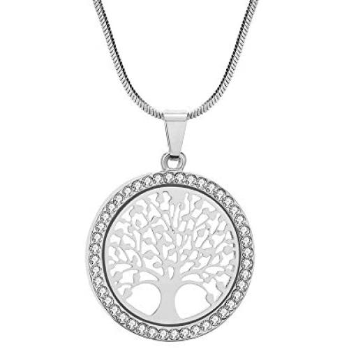 Ouran Tree of Life Pendant Necklace for Women, Rose Gold and Silver Long Chain Necklace with CZ Crystal