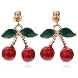 TIANHONGYAN 18K Gold Plated Fruit Cherry Earring Unique 3D Green Leaf Red Cherry Charm Tassel Dangle Drop Stud Earrings for Women Girls Jewelry Gift
