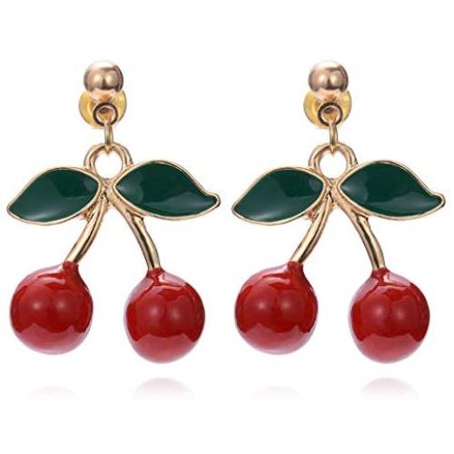 TIANHONGYAN 18K Gold Plated Fruit Cherry Earring Unique 3D Green Leaf Red Cherry Charm Tassel Dangle Drop Stud Earrings for Women Girls Jewelry Gift