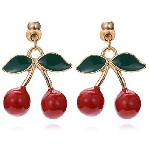 TIANHONGYAN 18K Gold Plated Fruit Cherry Earring Unique 3D Green Leaf Red Cherry Charm Tassel Dangle Drop Stud Earrings for Women Girls Jewelry Gift TIANHONGYAN 18K Gold Plated Fruit Cherry Earring Unique 3D Green Leaf Red Cherry Charm Tassel Dangle Drop Stud Earrings for Women Girls Jewelry Gift