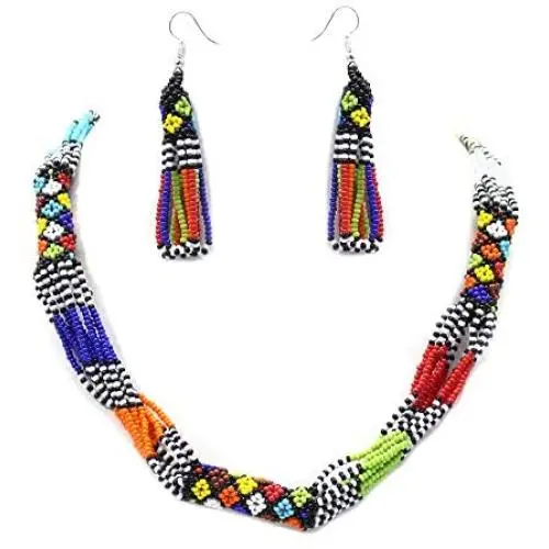 HANDMADE MULTI COLOR ROPE NECKLACE EARRINGS AFRICAN MAASAI BEADWORK BEADED JEWELRY S31/5