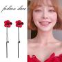 Trendy Red Green Poppy Flower Black Long Line Bar Tassel Earrings for Women Charm Drop Dangle Earring Jewelry (Red)