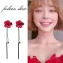 Trendy Red Green Poppy Flower Black Long Line Bar Tassel Earrings for Women Charm Drop Dangle Earring Jewelry (Red)