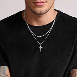 Ursteel Cross Necklace for Men, Stainless Steel Silver Black Gold Layered Rope Chain Cross Pendant Necklace Simple Jewelry Gifts Chain Necklace for Men, 16-26 Inches Box Chain