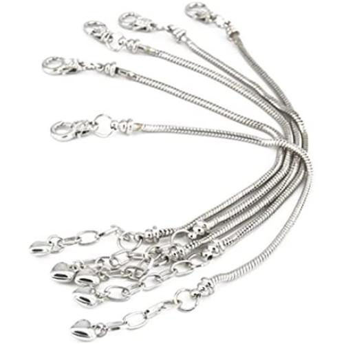 Yeshan 5pcs Silver Plated Snake Chain Charm Bracelet Starter with Classic Bead Lobster Clasp Fits All Chamilia Troll Biagi Beads