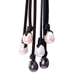 3 Cultured Pearls Pendant Necklace on Suede Leather Cord Beaded Y-Shaped Jewelry for Women by Aobei