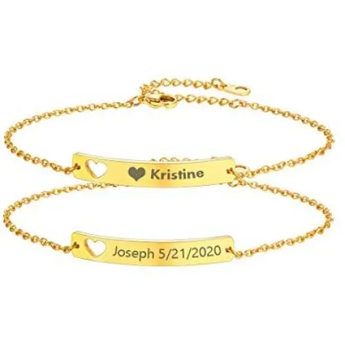 Friendship Bracelets for 2 3 4 5 Best Friend Stainless Steel/Black/18K Gold Plated Dainty Rolo Link Chain with Custom Engraved ID Bar Bracelet Bangle Set for Women Girls Family, Adjustable Length 6-8.3 Inch,Gift Packed