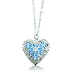 Heart Locket Glowing Necklace Silver Plated Bronze Pendant Jewelry Royal Blue 18 Inches