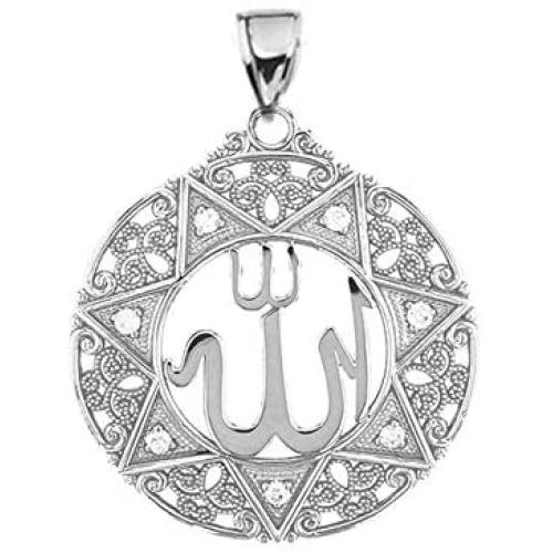 Middle Eastern Jewelry Exquisite Sterling Silver CZ Round Islamic Allah Filigree Pendant (Small)