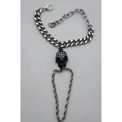 TFJ Women Fashion Jewelry Silver Metal Hand Chain Wrist Bracelet Slave Ring Black Skeleton Bling Skull