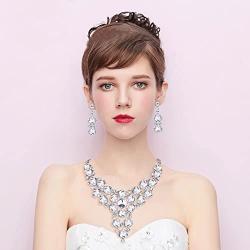 BriLove Womens Wedding Bridal Crystal Multi Teardrop-Shape Flower Enamel Statement Necklace Dangle Earrings Set