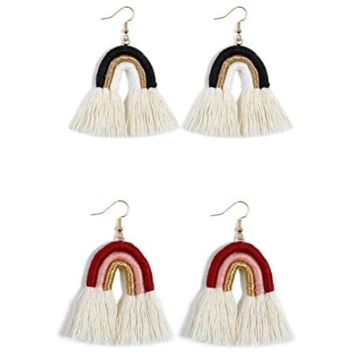 2 Pairs Colorful Layered Tassel Earrings Rainbow Fashion Bohemian 3 Tier Fringe Statement Dangle Drop Earrings Dainty handmade Braid Earring Set for Women Girls Jewelry