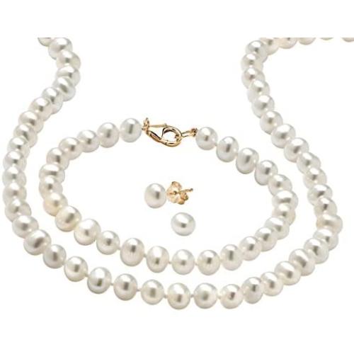 14K Yellow Gold over Sterling Silver Round Genuine Cultured Freshwater Pearl 3 Piece Pearl Set, 18 inches