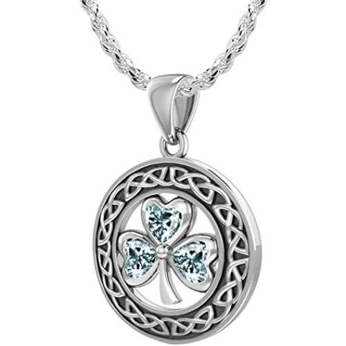 US Jewels And Gems Ladies 925 Sterling Silver Genuine Aquamarine Irish Shamrock Clover Pendant Necklace, 18'' to 24''