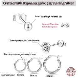 GULICX 3 Pairs Sterling Silver Small Hoop Stud Earrings Hypoallergenic Huggie Hinged Unisex Sleeper Hoops Earrings, Tiny Cartilage CZ Ball Earrings Piercing Jewellery for Women Girls