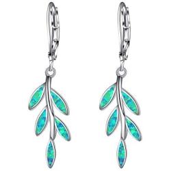 Opal Gem Drop Dangle Earrings, Created Blue/Green Opal Earrings, Olive Leaf Leverback Earrings For Women Girls
