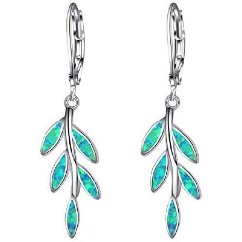 Opal Gem Drop Dangle Earrings, Created Blue/Green Opal Earrings, Olive Leaf Leverback Earrings For Women Girls
